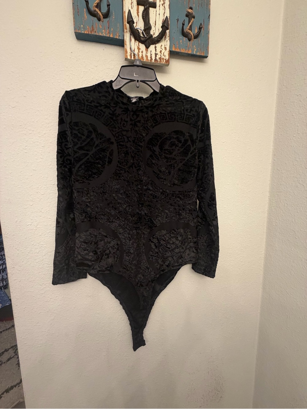 Love Black Velvet Long-Sleeve Bodysuit with Burnout Floral Motif